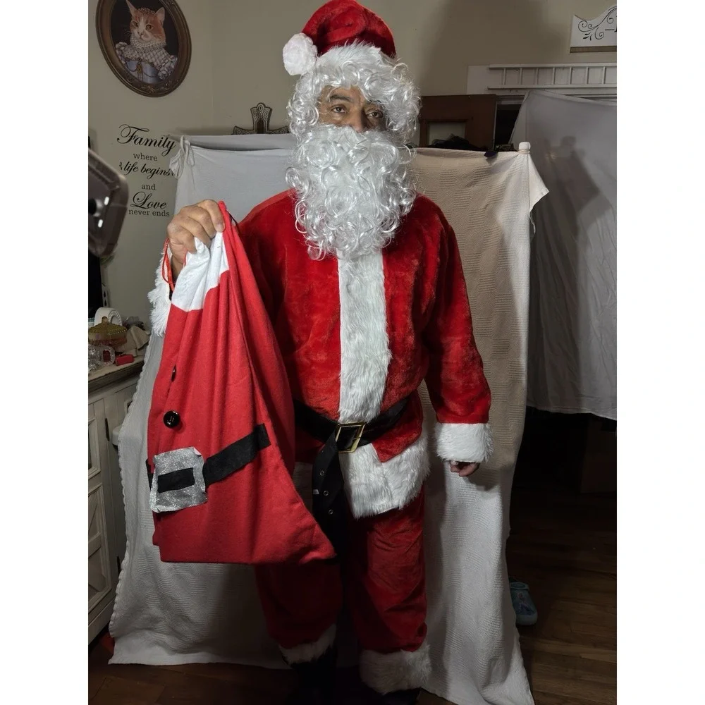 Santa Claus 8Pc Christmas Costume Men Jacket Pants Wig Belt Boot‎ Beard Hat Bag